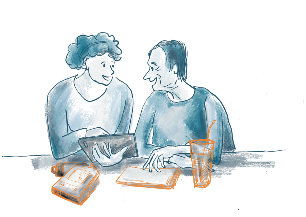 Illustration Pflegedienst, 2 Frauen unterhalten sich, sie sitzen nebeneinander, die eine berät die andere